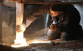 A professional inspecting wooden beams under the floor of a structure in Overland Park, KS